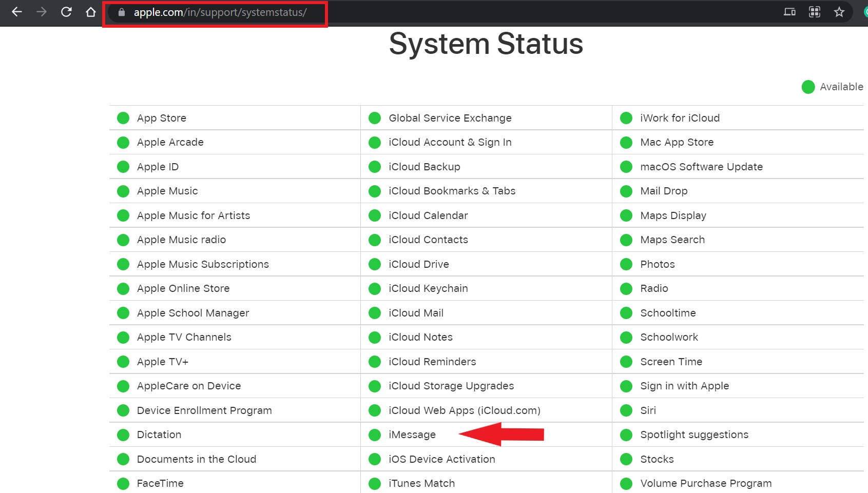 iMessage system status Apple