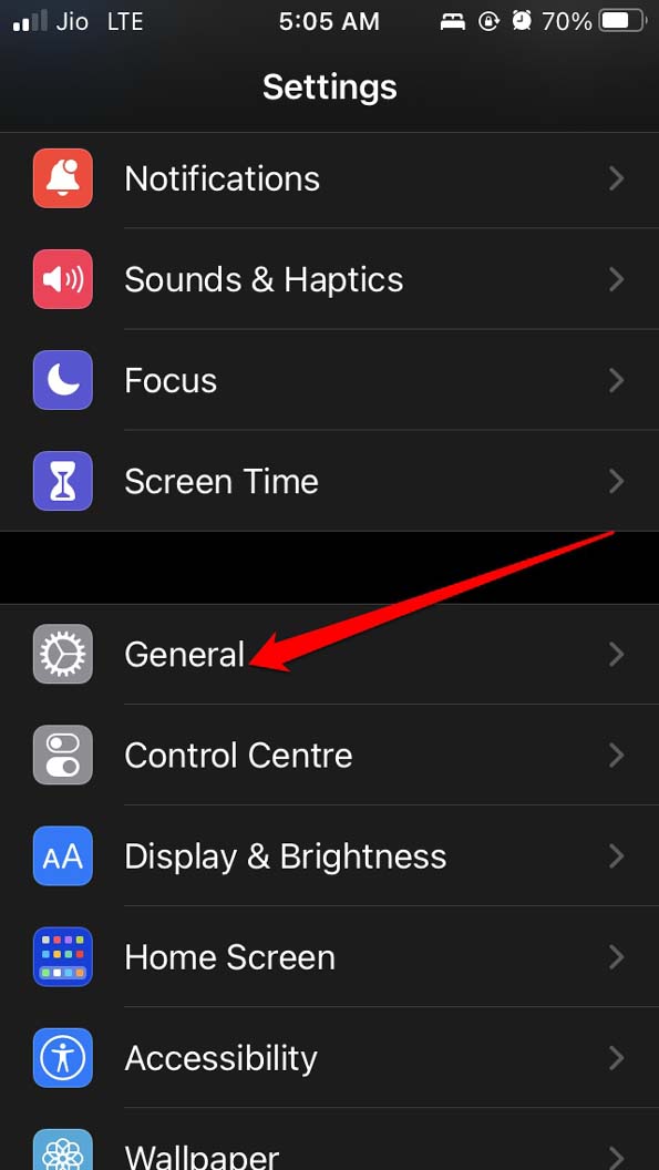 iOS General settings
