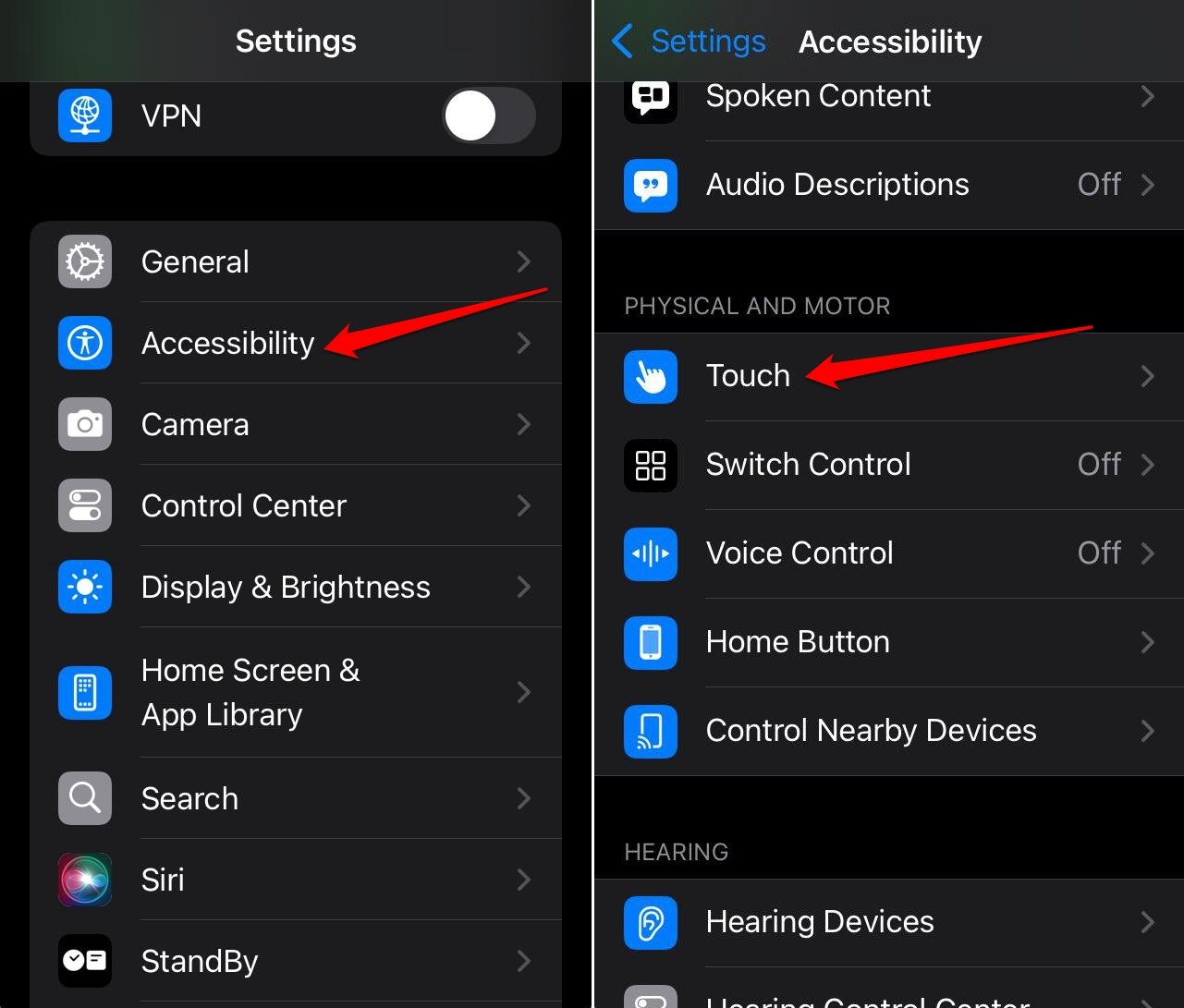 iOS Touch accessibility settings