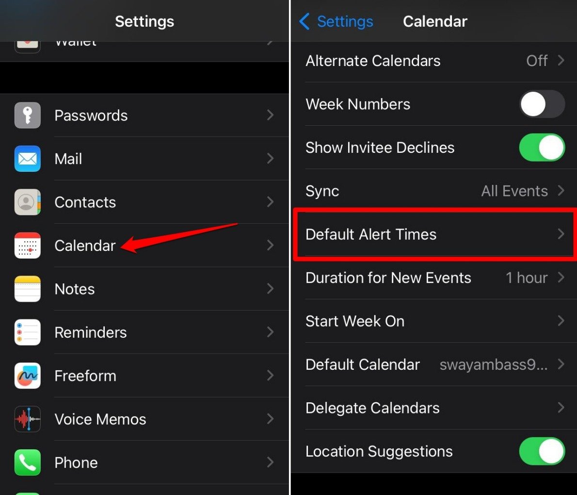iOS calendar default alert times