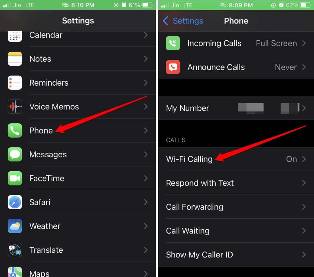 iPhone WiFi calling settings