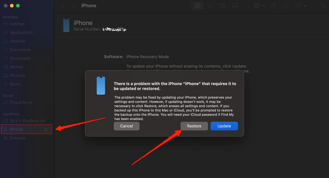 iTunes will ask you whether you want to update or restore your iPhone, simply click on Restore.