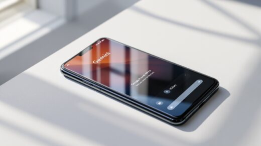 Google Pixel 9 Pro resting on a light grey matte surface at a 45-degree angle, screen displaying the Gemini AI assistant interface with a volume panel visible, shot with a 50mm lens, soft natural window light from the left casting long diffused shadows, realistic glass and metal reflections, no hands, no people, no text overlay, sharp focus, photorealistic, 16:9