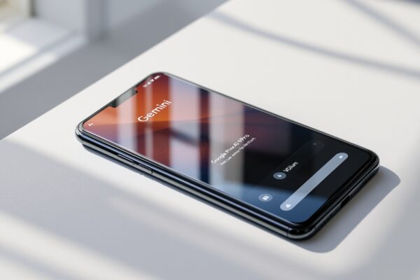 Google Pixel 9 Pro resting on a light grey matte surface at a 45-degree angle, screen displaying the Gemini AI assistant interface with a volume panel visible, shot with a 50mm lens, soft natural window light from the left casting long diffused shadows, realistic glass and metal reflections, no hands, no people, no text overlay, sharp focus, photorealistic, 16:9