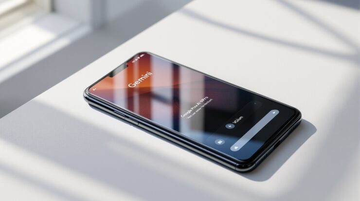 Google Pixel 9 Pro resting on a light grey matte surface at a 45-degree angle, screen displaying the Gemini AI assistant interface with a volume panel visible, shot with a 50mm lens, soft natural window light from the left casting long diffused shadows, realistic glass and metal reflections, no hands, no people, no text overlay, sharp focus, photorealistic, 16:9
