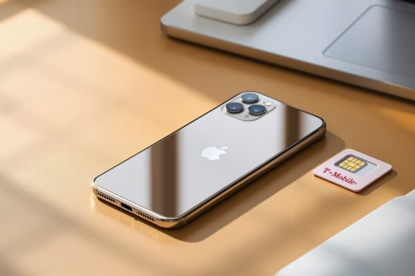 Apple iPhone 17 in natural titanium finish resting on a matte warm concrete desk surface next to a neatly folded T-Mobile SIM card tray, shot at 45-degree angle using a 50mm lens, soft natural window light from the left casting long diffused shadows, realistic glass and metal reflections on the iPhone body, shallow depth of field, no hands, no people, no text, no watermark, photorealistic, 16:9