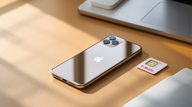 Apple iPhone 17 in natural titanium finish resting on a matte warm concrete desk surface next to a neatly folded T-Mobile SIM card tray, shot at 45-degree angle using a 50mm lens, soft natural window light from the left casting long diffused shadows, realistic glass and metal reflections on the iPhone body, shallow depth of field, no hands, no people, no text, no watermark, photorealistic, 16:9