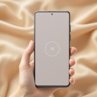 Google Pixel 10 in a hand against a soft warm beige fabric background, screen showing a clean minimal Pause Point waiting screen with a faint timer ring visible, shot at 30-degree angle using a 50mm lens, soft overhead window light, sharp focus on the screen with shallow background blur, no faces visible, no text overlay or watermark, photorealistic, 16:9