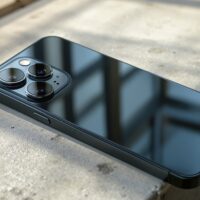 iPhone 18 Pro resting on a warm grey concrete surface, rear triple-lens camera system visible,