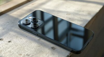 iPhone 18 Pro resting on a warm grey concrete surface, rear triple-lens camera system visible,