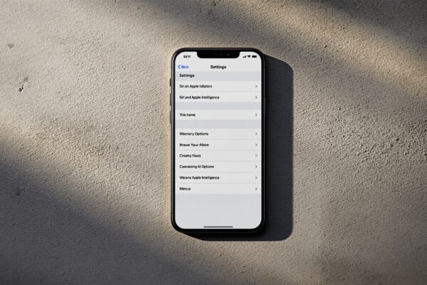 iPhone 17 Pro lying flat on a warm grey concrete surface, Settings app open showing a Siri and Apple Intelligence menu with multiple AI options listed, soft cinematic side lighting with long directional shadows, no hands, no people, no text visible on screen labels, photorealistic, 16:9