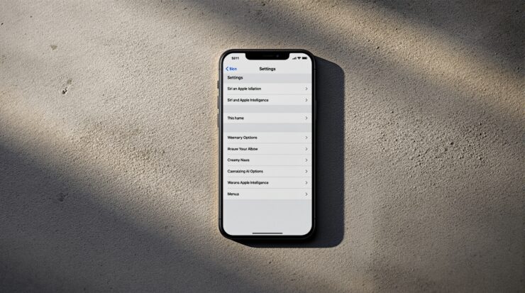 iPhone 17 Pro lying flat on a warm grey concrete surface, Settings app open showing a Siri and Apple Intelligence menu with multiple AI options listed, soft cinematic side lighting with long directional shadows, no hands, no people, no text visible on screen labels, photorealistic, 16:9