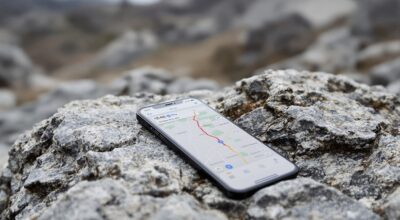 iPhone 18 Pro resting on a rocky outdoor stone surface with rugged terrain blurred in the background, screen showing a Maps navigation interface with a route active, shot at 45-degree angle using a 50mm lens, soft overcast natural light from the left, shallow depth of field, no hands, no people, no text, no watermark, sharp focus, photorealistic, 16:9