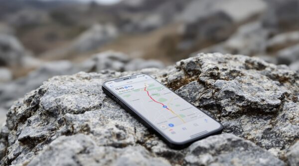 iPhone 18 Pro resting on a rocky outdoor stone surface with rugged terrain blurred in the background, screen showing a Maps navigation interface with a route active, shot at 45-degree angle using a 50mm lens, soft overcast natural light from the left, shallow depth of field, no hands, no people, no text, no watermark, sharp focus, photorealistic, 16:9