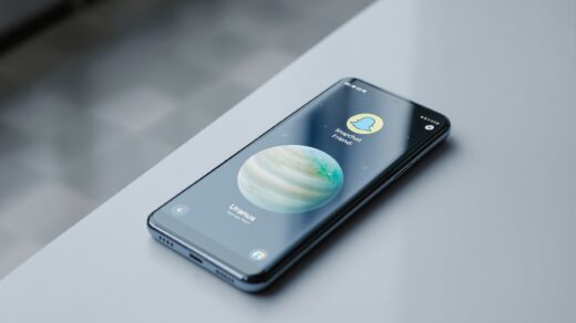 Samsung Galaxy S25 resting on a cool light grey surface, screen showing a Snapchat friend profile with a green planet representing Uranus in the Friend Solar System, shot at 45-degree angle, 50mm lens, soft natural window light from the left, shallow depth of field, no hands, no people, no text, photorealistic, 16:9