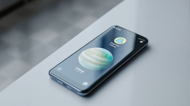 Samsung Galaxy S25 resting on a cool light grey surface, screen showing a Snapchat friend profile with a green planet representing Uranus in the Friend Solar System, shot at 45-degree angle, 50mm lens, soft natural window light from the left, shallow depth of field, no hands, no people, no text, photorealistic, 16:9