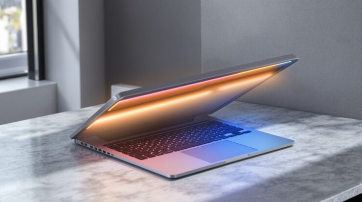 A premium silver laptop with a subtle colored LED strip glowing