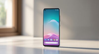 Google Pixel 10 Pro standing upright on a clean light concrete surface, screen facing forward displaying a minimal Android home screen, soft ambient glow from a window behind the device, 45-degree side angle, 50mm lens, shallow depth of field, no text overlay, no hands, no watermark, photorealistic, 16:9