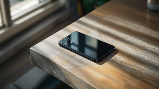 Google Pixel 11 Pro resting on a warm grey concrete desk surface, camera bar facing up showing the all-glass design, shot at 45-degree angle using a 50mm lens, soft natural window light from the left casting long diffused shadows, realistic glass reflections on the camera bar surface, no hands, no people, no text, no watermark, sharp focus, photorealistic, 16:9