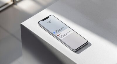 Google Pixel 9 Pro smartphone resting flat on a pale grey concrete surface at a 45-degree angle, screen displaying the Gemini app interface with a clean chat thread visible, soft natural window light from the left casting long diffused shadows, shallow depth of field with sharp focus on the screen, realistic glass and metal reflections, no hands, no people, no text overlays, no watermark, photorealistic, 16:9