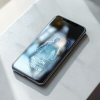 A smartphone resting on a clean light grey concrete surface, its screen showing a completed AI-generated action figure image of a person displayed in a realistic blister pack with bold packaging text, shot at a 45-degree angle using a 50mm lens, soft natural window light from the left casting long diffused shadows, realistic glass reflections on the phone screen, shallow depth of field, no hands, no people, no watermark, photorealistic, 16:9