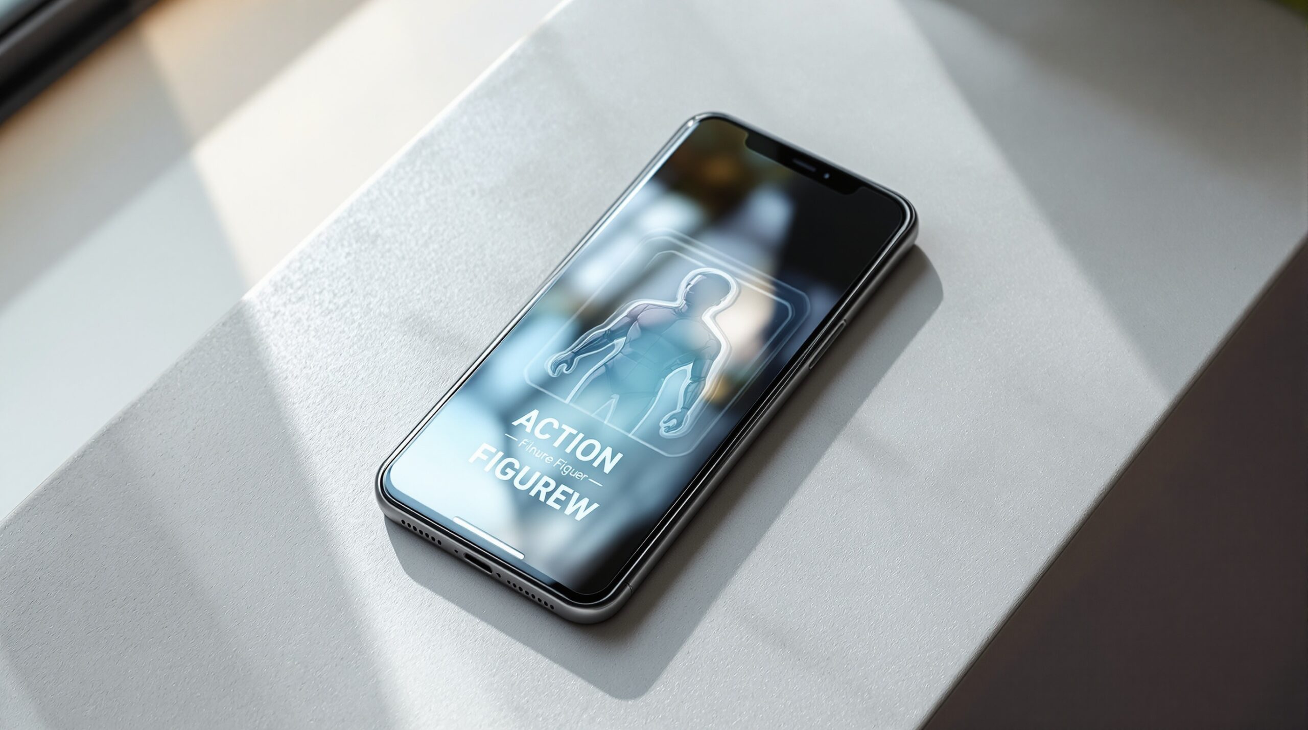 How to make an AI action figure of yourself using free tools in 2026 A smartphone resting on a clean light grey concrete surface, its screen showing a completed AI-generated action figure image of a person displayed in a realistic blister pack with bold packaging text, shot at a 45-degree angle using a 50mm lens, soft natural window light from the left casting long diffused shadows, realistic glass reflections on the phone screen, shallow depth of field, no hands, no people, no watermark, photorealistic, 16:9