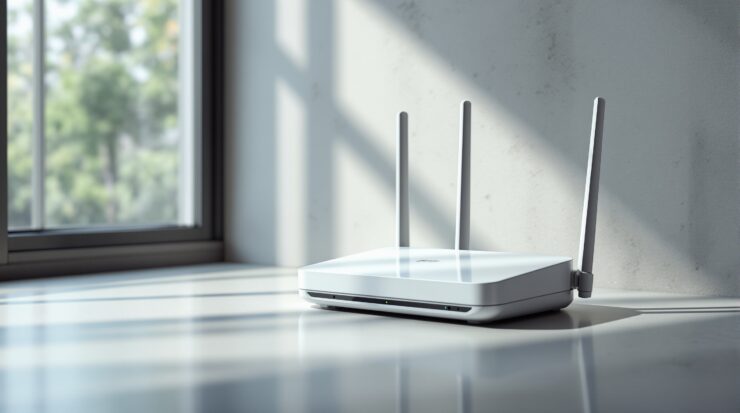 A modern WiFi 7 router resting on a clean light grey concrete desk surface, two or three antennas visible, shot at a 45-degree angle using a 50mm lens, soft natural window light from the left casting long diffused shadows, realistic plastic and antenna reflections, shallow depth of field, no hands, no people, no text, no watermark, photorealistic, 16:9