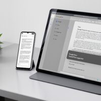 Google Pixel 9 phone and Pixel Tablet side by side on a light grey concrete desk, both screens on showing the same Google Docs document mid-edit, the tablet dock showing a handoff suggestion indicator, shot at 45-degree angle, 50mm lens, soft window light from left, realistic screen glow, no hands, no people, no text overlay, photorealistic, 16:9