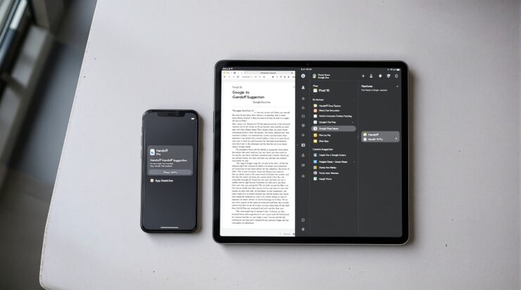 Google Pixel 10 phone and a Pixel Tablet side by side on a light grey concrete surface,
