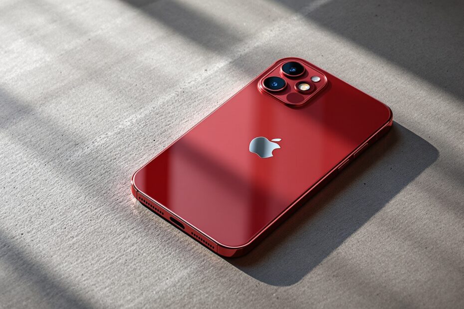 iPhone 18 Pro in Dark Cherry color resting at a slight angle on a warm grey concrete surface