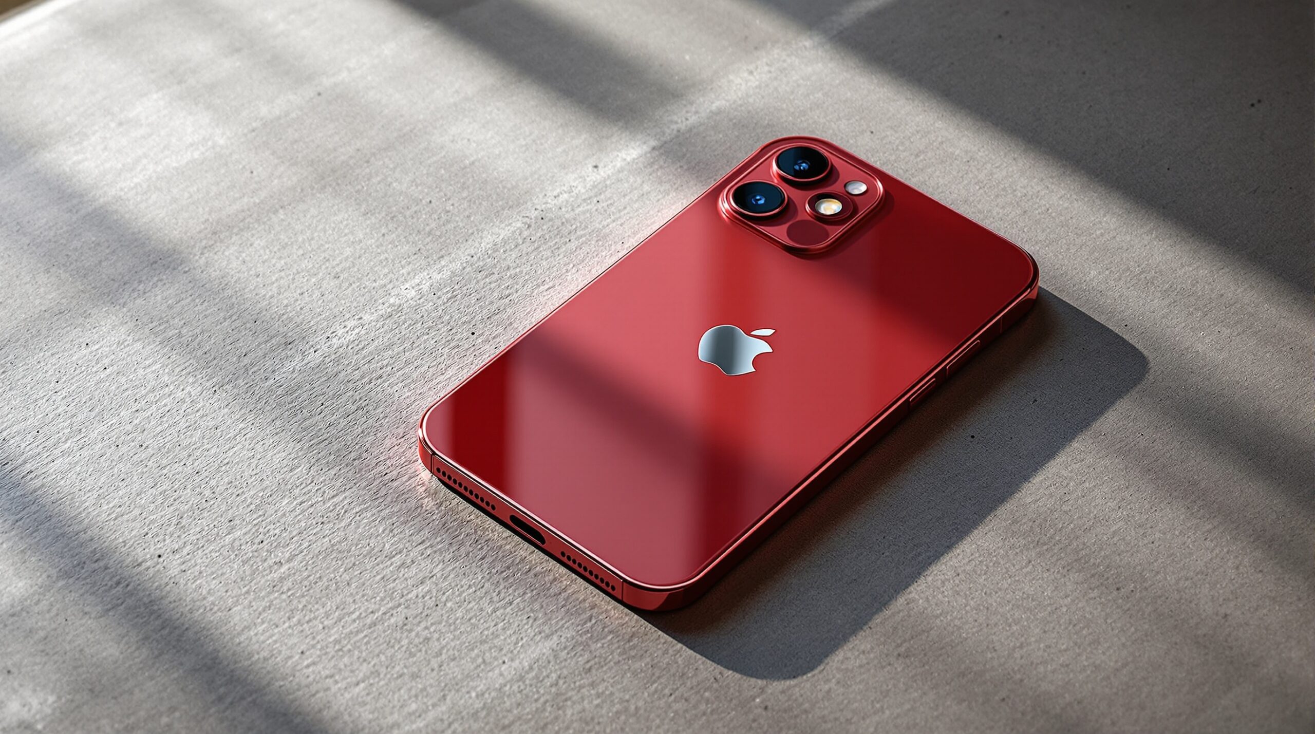 iPhone 18 Pro in Dark Cherry color resting at a slight angle on a warm grey concrete surface