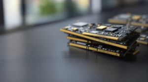 Close-up of multiple DRAM memory modules stacked