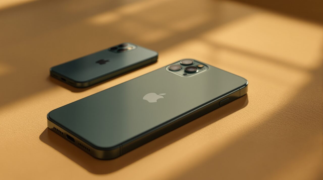 iPhone 11 Pro in midnight green resting slightly out of focus in the background on a warm beige surface, with a newer iPhone 17 Pro in sharp focus in the foreground on the same surface, soft cinematic side lighting from the left, subtle directional shadows, no people, no hands, no text, no watermark, photorealistic, 16:9