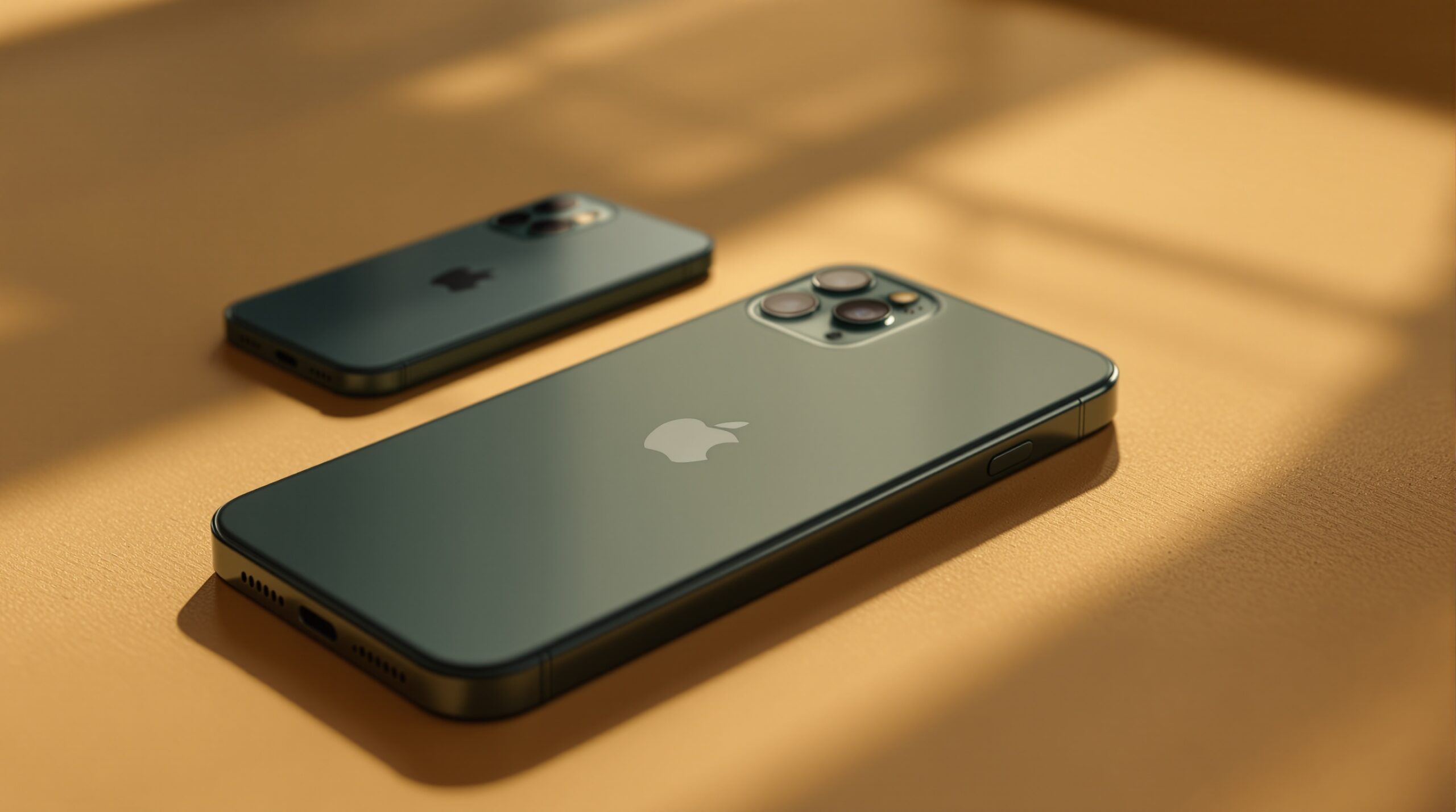 iPhone 11 Pro in midnight green resting slightly out of focus in the background on a warm beige surface, with a newer iPhone 17 Pro in sharp focus in the foreground on the same surface, soft cinematic side lighting from the left, subtle directional shadows, no people, no hands, no text, no watermark, photorealistic, 16:9