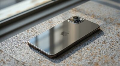iPhone 18 resting face-up on a warm grey concrete surface, front camera area and Dynamic Island visible from directly above at a slight angle, 50mm lens, soft natural window light from the left, subtle glass reflections, no hands, no people, no text, no watermark, sharp focus, photorealistic, 16:9