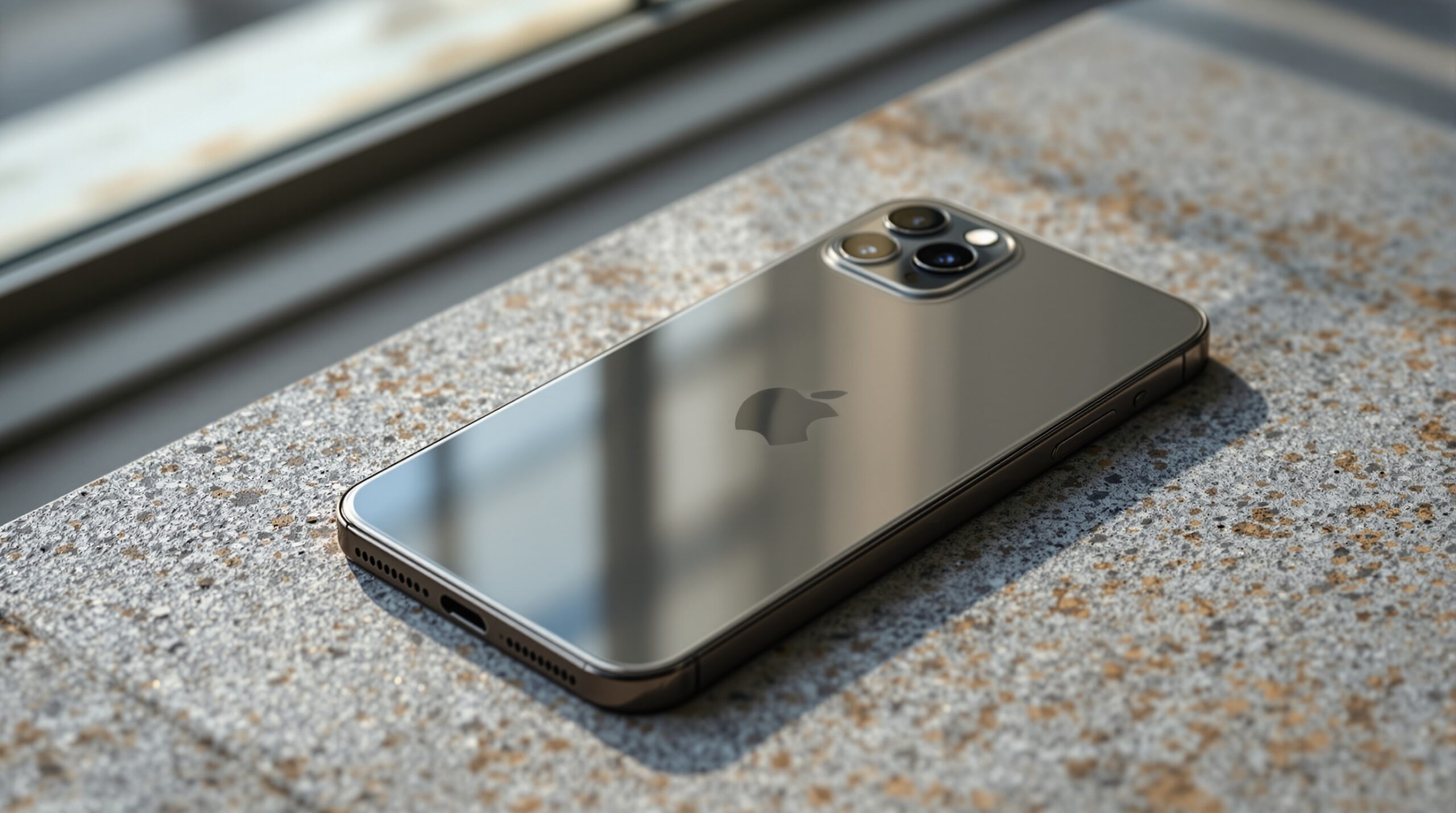 iPhone 18 resting face-up on a warm grey concrete surface, front camera area and Dynamic Island visible from directly above at a slight angle, 50mm lens, soft natural window light from the left, subtle glass reflections, no hands, no people, no text, no watermark, sharp focus, photorealistic, 16:9