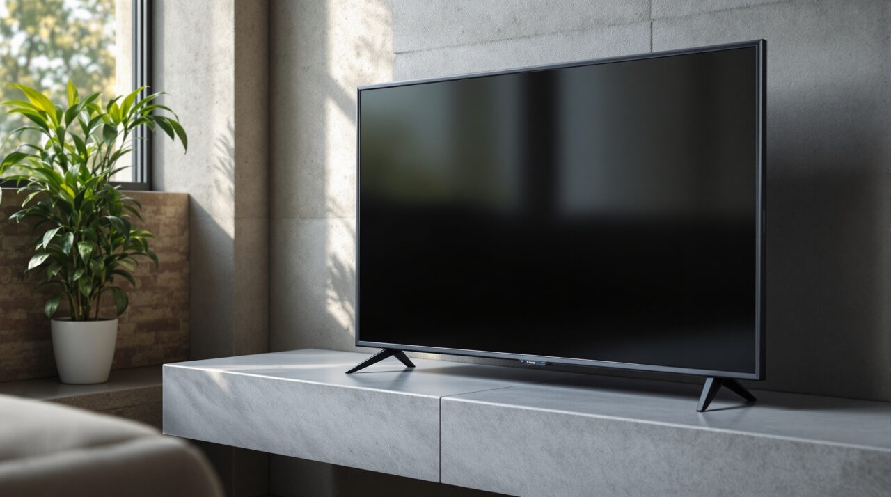 A dark smart TV screen showing a blank, unresponsive browser tab, the TV resting on a
