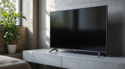 A dark smart TV screen showing a blank, unresponsive browser tab, the TV resting on a