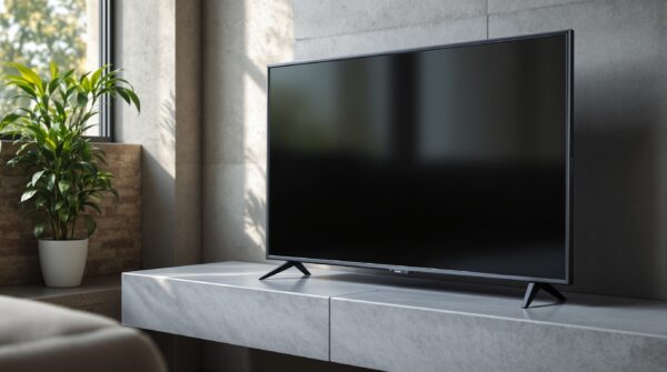 A dark smart TV screen showing a blank, unresponsive browser tab, the TV resting on a