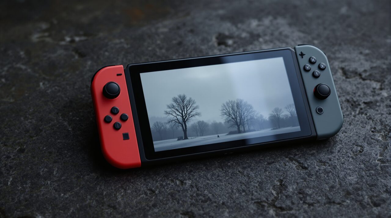 Nintendo Switch 2 console in handheld mode resting on a rough dark concrete surface, screen showing a misty post-Soviet landscape with grey skies and sparse trees, 45-degree angle, 50mm lens, shallow depth of field, soft natural window light from the left, long diffused shadows, realistic reflections on glossy console housing, no hands, no people, no text, no watermark, sharp focus, photorealistic, 16:9