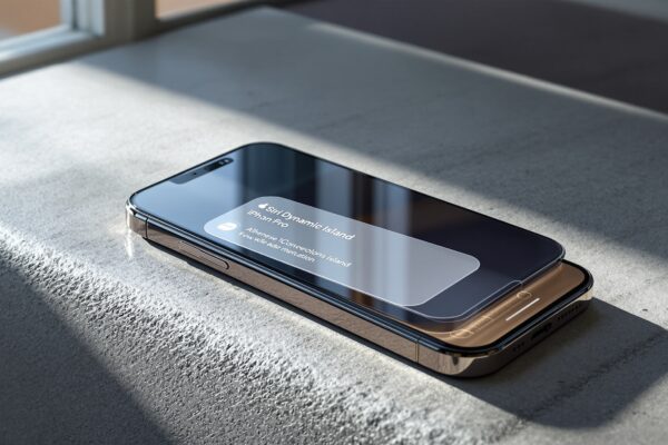 iPhone 17 Pro resting on a warm grey concrete surface at a 45-degree angle, Siri Dynamic Island active with a glowing translucent panel expanded below it showing a conversation interface, soft natural window light from the left casting long shadows, realistic glass reflections, no hands, no people, no text, photorealistic, 16:9