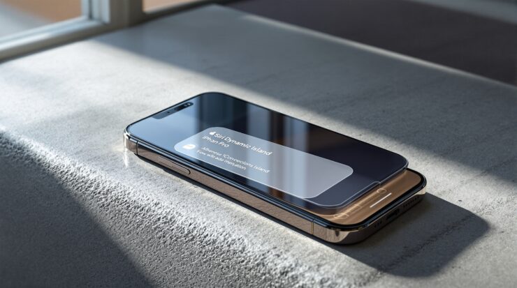 iPhone 17 Pro resting on a warm grey concrete surface at a 45-degree angle, Siri Dynamic Island active with a glowing translucent panel expanded below it showing a conversation interface, soft natural window light from the left casting long shadows, realistic glass reflections, no hands, no people, no text, photorealistic, 16:9
