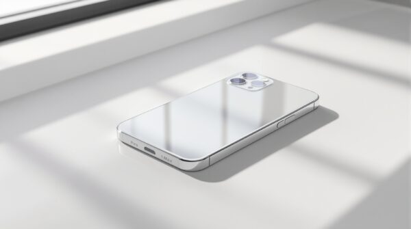 iPhone 18 Pro Max design dummy unit resting face-up on a pale warm grey studio surface, front-facing at a slight upward angle to show the reduced front cutout, shot at 45-degree angle using a 50mm lens, soft diffused window light from the left casting long shadows on the surface, realistic titanium edge reflections, no hands, no people, no text, no watermark, sharp focus, photorealistic, 16:9