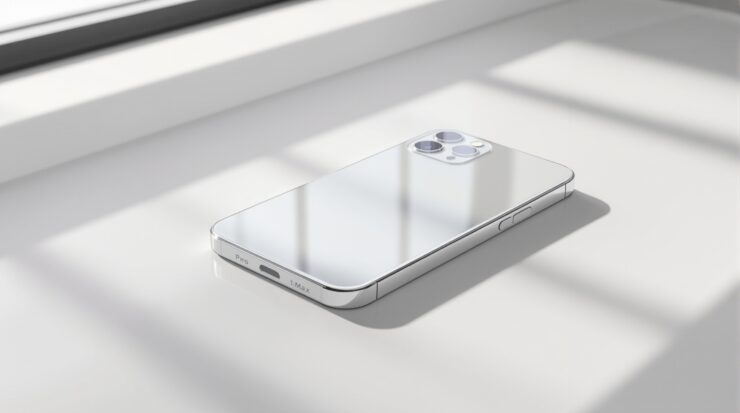 iPhone 18 Pro Max design dummy unit resting face-up on a pale warm grey studio surface, front-facing at a slight upward angle to show the reduced front cutout, shot at 45-degree angle using a 50mm lens, soft diffused window light from the left casting long shadows on the surface, realistic titanium edge reflections, no hands, no people, no text, no watermark, sharp focus, photorealistic, 16:9