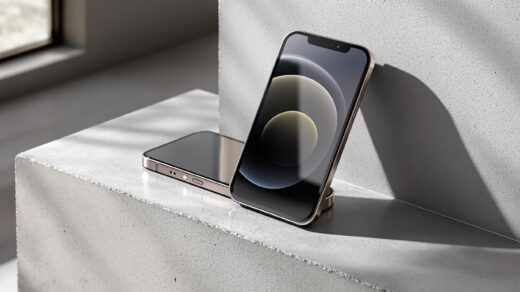 iPhone 18 Pro Max design dummy unit resting upright on its side on a matte warm grey concrete surface, showing the device's thickness profile clearly, shot at 45-degree angle using a 50mm lens, soft natural window light from the left casting long diffused shadows, realistic titanium edge reflections and concrete texture, no hands, no people, no text, no watermark, sharp focus, photorealistic, 16:9