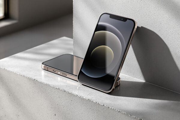 iPhone 18 Pro Max design dummy unit resting upright on its side on a matte warm grey concrete surface, showing the device's thickness profile clearly, shot at 45-degree angle using a 50mm lens, soft natural window light from the left casting long diffused shadows, realistic titanium edge reflections and concrete texture, no hands, no people, no text, no watermark, sharp focus, photorealistic, 16:9