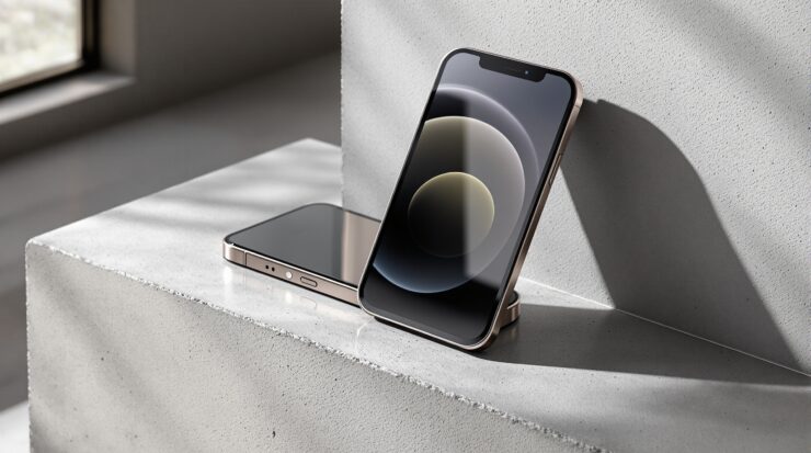 iPhone 18 Pro Max design dummy unit resting upright on its side on a matte warm grey concrete surface, showing the device's thickness profile clearly, shot at 45-degree angle using a 50mm lens, soft natural window light from the left casting long diffused shadows, realistic titanium edge reflections and concrete texture, no hands, no people, no text, no watermark, sharp focus, photorealistic, 16:9