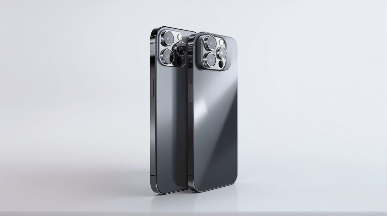 iPhone 18 Pro Max and iPhone 17 Pro Max dummy units placed side by side on a matte white studio surface at a slight angle showing camera bumps and rear panel differences, shot at 45-degree angle using a 50mm lens, soft diffused overhead studio lighting, realistic titanium reflections, no hands, no people, no text, no watermark, sharp focus, photorealistic, 16:9