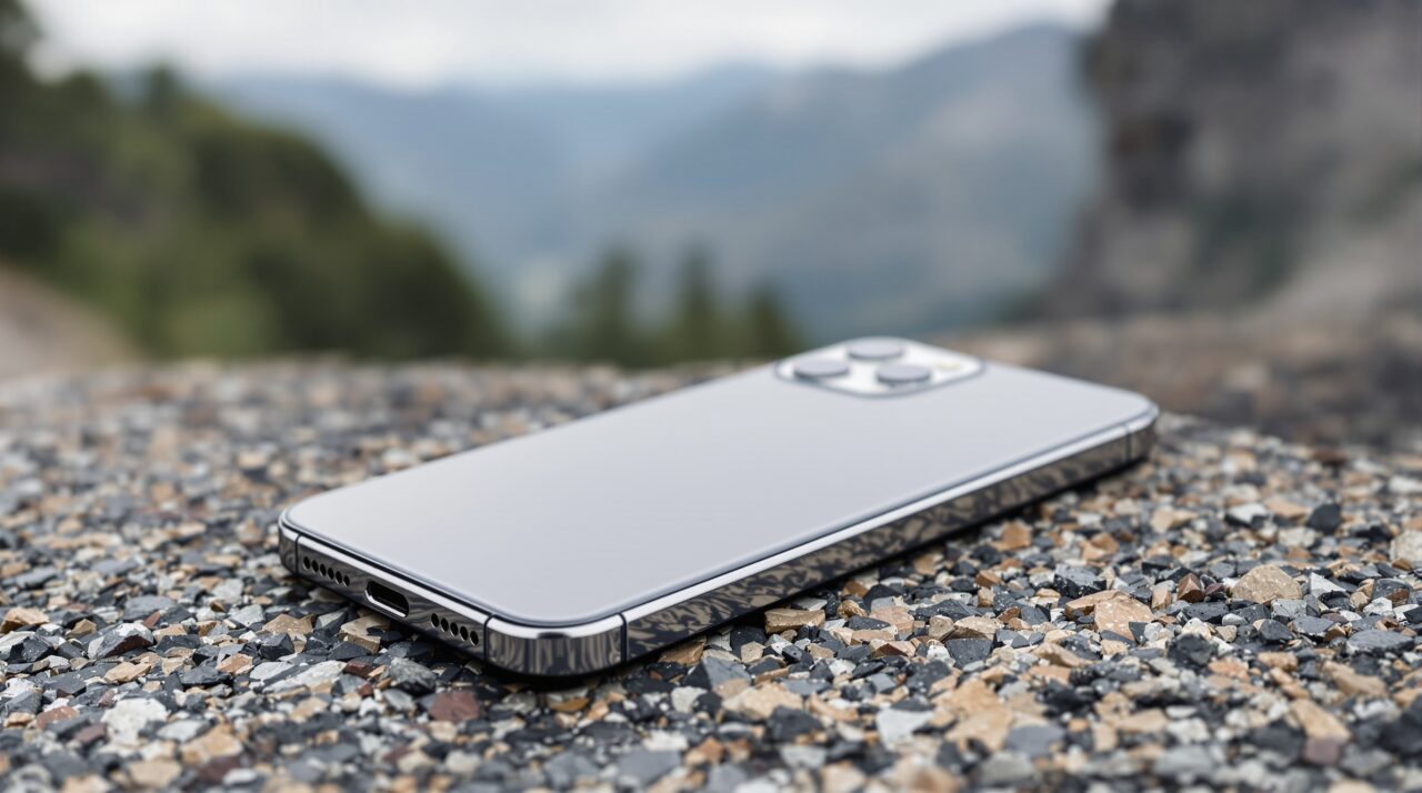 iPhone 18 Pro Max design dummy unit resting on a rough natural g