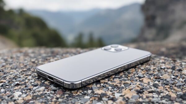 iPhone 18 Pro Max design dummy unit resting on a rough natural g
